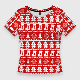 Женская футболка 3D Slim с принтом Новогодний принт с пряничными человечками, елками и снежинками ,  |  | елки | зима | зимний | красный | новогодний | новый год | носки | орнамент | пряник | пряничный | снежинки | узор | человечек