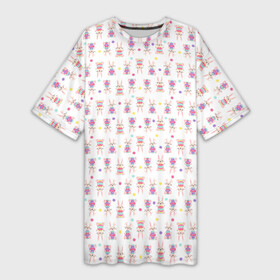 Платье-футболка 3D с принтом Веселые кролики с пасхальными яйцами ,  |  | белый фон | бирюзовый | детский | желтый | зайчик | заяц | кролик | мультяшный стиль | пастельные тона | пасха | пасхальный | персонаж | розовый | фиолетовый | яйцо