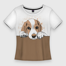 Женская футболка 3D Slim с принтом Грустный Щенок Бигля ,  |  | Тематика изображения на принте: animal | beagle | dog | hunting dog | бигль | год собаки | гончая собака | друг человека | животное | зверь | кинолог | охотничья собака | пес | порода собак | собака бигль | собаковод | собачка | хищник