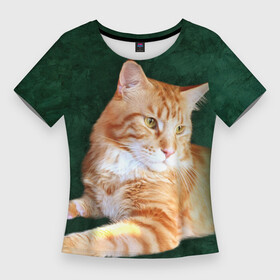 Женская футболка 3D Slim с принтом Мейн кун рыжий кот ,  |  | cat | зеленая | зеленый | кот | котенок | котик | красивый | кун | мейн | порода | рыжий | фотография