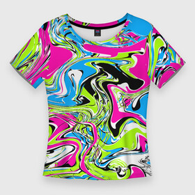 Женская футболка 3D Slim с принтом Абстрактные мраморные разводы в ярких цветах. Поп арт ,  |  | 90ые | абстрактный | белый | волны | зеленый | мрамор | неоновые цвета | поп арт | разводы | розовый | стиль 90х | черный | яркие цвета | яркий