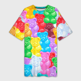 Платье-футболка 3D с принтом мармеладные мишки разноцветные ,  |  | background | bear | bears | colorful | gummy bears | haribo | marmalade | multicolor | sweets | мармелад | мармеладные мишки | медведи | медведь | мишки | мультицвет | разноцветный | сладости | фон | харибо