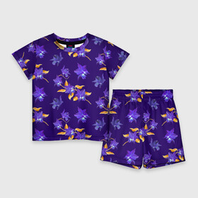 Детский костюм с шортами 3D с принтом Цветы Фиолетовые Ирисы На Синем Фоне ,  |  | Тематика изображения на принте: flowers | букет | ирисы | природа | растение | синий | фиолетовый | флора | цветы