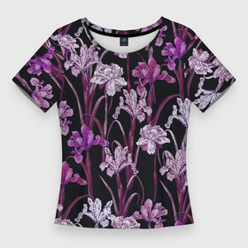 Женская футболка 3D Slim с принтом Цветы Фиолетовые Ирисы ,  |  | Тематика изображения на принте: flowers | summer | букет | ирисы | лето | природа | растение | фиолетовый | флора | цветы