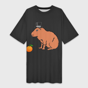 Платье-футболка 3D с принтом Капибара в цилиндре ,  |  | capybara | апельсин около капибары | капибара в шляпе | капибара мем | капибара с апельсином | морская свинка | покерфейс капибара | цилиндр