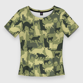 Женская футболка 3D Slim с принтом Кошачий камуфляж в зеленой гамме ,  |  | Тематика изображения на принте: camouflage | камуфляж | коты | маскировка | паттерн