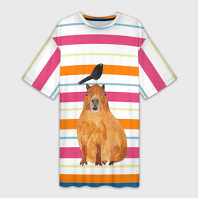 Платье-футболка 3D с принтом Капибара с птичкой ,  |  | Тематика изображения на принте: capybara | водосвинка | животное | капибара | птица