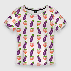 Женская футболка 3D Slim с принтом Баклажаны и персики паттерн ,  |  | баклажан | баклажаны | веганство | еда | овощи | паттерн | персик | персики | фрукты