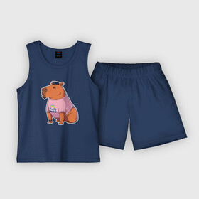 Детская пижама с шортами хлопок с принтом Death metall капибара ,  |  | capybara | death metall | kapibara | дез метал | животное | капибара
