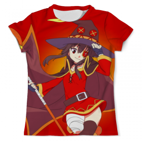 full_print_tee с принтом Мегумин. KonoSuba , Футболка с нанесением полноцветного изображения по всей поверхности может быть выполнена в двух вариантах - ХЛОПОК и СИНТЕТИКА. | Хлопок - ткань из 100% хлопка высшего качества пенье.  <br>Синтетика - ткань с высоким содержанием синтетического волокна (до 80%).  Материал хорошо тянется, имеет приятную на ощупь фактуру | Тематика изображения на принте: 