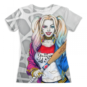 full_print_woman_tee с принтом Harley Quinn Design , Футболка с нанесением полноцветного изображения по всей поверхности может быть выполнена в двух вариантах - ХЛОПОК и СИНТЕТИКА. | Хлопок - ткань из 100% хлопка высшего качества пенье.  <br>Синтетика - ткань с высоким содержанием синтетического волокна (до 80%).  Материал хорошо тянется, имеет приятную на ощупь фактуру | 