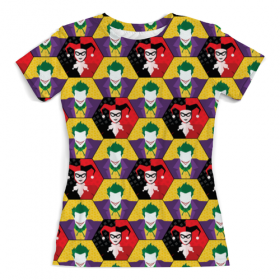 full_print_woman_tee с принтом Harley Quinn & The Joker , Футболка с нанесением полноцветного изображения по всей поверхности может быть выполнена в двух вариантах - ХЛОПОК и СИНТЕТИКА. | Хлопок - ткань из 100% хлопка высшего качества пенье.  <br>Синтетика - ткань с высоким содержанием синтетического волокна (до 80%).  Материал хорошо тянется, имеет приятную на ощупь фактуру | 