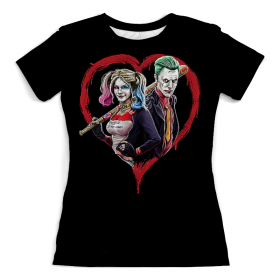 full_print_woman_tee с принтом Harley Quinn & Joker , Футболка с нанесением полноцветного изображения по всей поверхности может быть выполнена в двух вариантах - ХЛОПОК и СИНТЕТИКА. | Хлопок - ткань из 100% хлопка высшего качества пенье.  <br>Синтетика - ткань с высоким содержанием синтетического волокна (до 80%).  Материал хорошо тянется, имеет приятную на ощупь фактуру | 