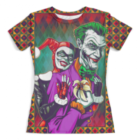 full_print_woman_tee с принтом The Joker&Harley Quinn Design (new) , Футболка с нанесением полноцветного изображения по всей поверхности может быть выполнена в двух вариантах - ХЛОПОК и СИНТЕТИКА. | Хлопок - ткань из 100% хлопка высшего качества пенье.  <br>Синтетика - ткань с высоким содержанием синтетического волокна (до 80%).  Материал хорошо тянется, имеет приятную на ощупь фактуру | 