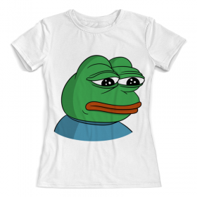 full_print_woman_tee с принтом Pepe the frog , Футболка с нанесением полноцветного изображения по всей поверхности может быть выполнена в двух вариантах - ХЛОПОК и СИНТЕТИКА. | Хлопок - ткань из 100% хлопка высшего качества пенье.  <br>Синтетика - ткань с высоким содержанием синтетического волокна (до 80%).  Материал хорошо тянется, имеет приятную на ощупь фактуру | 