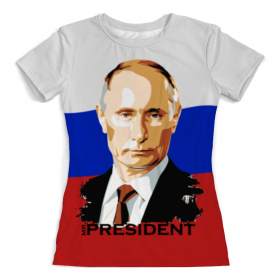 full_print_woman_tee с принтом Мистер президент , Футболка с нанесением полноцветного изображения по всей поверхности может быть выполнена в двух вариантах - ХЛОПОК и СИНТЕТИКА. | Хлопок - ткань из 100% хлопка высшего качества пенье.  <br>Синтетика - ткань с высоким содержанием синтетического волокна (до 80%).  Материал хорошо тянется, имеет приятную на ощупь фактуру | 