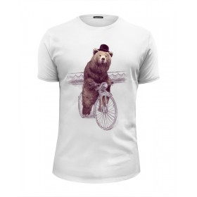 Мужская футболка Premium с принтом Медведь на велосипеде , Белый, черный, серый меланж, голубой: 100% хлопок, плотность 160 гр. Остальные цвета: 92% хлопок, 8% лайкра, плотность 170-180гр. |  | 