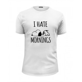 Мужская футболка Premium с принтом Я ненавижу утро (I Hate Mornings) , Белый, черный, серый меланж, голубой: 100% хлопок, плотность 160 гр. Остальные цвета: 92% хлопок, 8% лайкра, плотность 170-180гр. |  | 