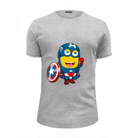 Мужская футболка Premium с принтом Captain America Minions , Белый, черный, серый меланж, голубой: 100% хлопок, плотность 160 гр. Остальные цвета: 92% хлопок, 8% лайкра, плотность 170-180гр. |  | 