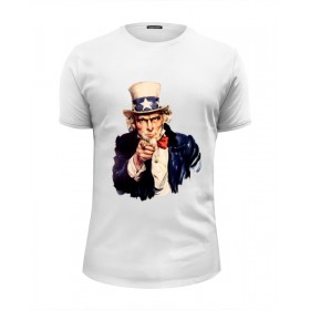 Мужская футболка Premium с принтом Uncle Sam , Белый, черный, серый меланж, голубой: 100% хлопок, плотность 160 гр. Остальные цвета: 92% хлопок, 8% лайкра, плотность 170-180гр. |  | 