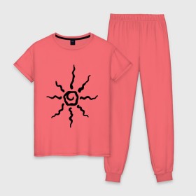 Женская пижама хлопок с принтом Палящее солнце , 100% хлопок | брюки и футболка прямого кроя, без карманов, на брюках мягкая резинка на поясе и по низу штанин | tribal | орнамент | солнце | трайбл | узор