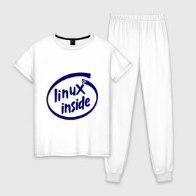 Женская пижама хлопок с принтом Linux inside , 100% хлопок | брюки и футболка прямого кроя, без карманов, на брюках мягкая резинка на поясе и по низу штанин | intel inside | linux | linux inside | админу | линукс | пингвины linux | пингвины люникс | прикольные