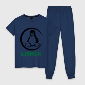 Женская пижама хлопок с принтом Linux , 100% хлопок | брюки и футболка прямого кроя, без карманов, на брюках мягкая резинка на поясе и по низу штанин | пингвин
