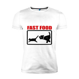 Мужская футболка премиум с принтом Fast food , 92% хлопок, 8% лайкра | приталенный силуэт, круглый вырез ворота, длина до линии бедра, короткий рукав | Тематика изображения на принте: fast food | fastfood | быстра еда | коты | кошка | песики | собака