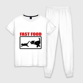 Женская пижама хлопок с принтом Fast food , 100% хлопок | брюки и футболка прямого кроя, без карманов, на брюках мягкая резинка на поясе и по низу штанин | Тематика изображения на принте: fast food | fastfood | быстра еда | коты | кошка | песики | собака
