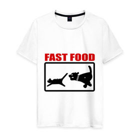 Мужская футболка хлопок с принтом Fast food , 100% хлопок | прямой крой, круглый вырез горловины, длина до линии бедер, слегка спущенное плечо. | Тематика изображения на принте: fast food | fastfood | быстра еда | коты | кошка | песики | собака