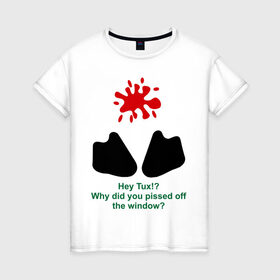 Женская футболка хлопок с принтом Hey Tux! , 100% хлопок | прямой крой, круглый вырез горловины, длина до линии бедер, слегка спущенное плечо | пингвин
