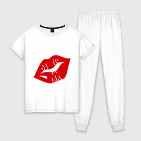 Женская пижама хлопок с принтом Губы , 100% хлопок | брюки и футболка прямого кроя, без карманов, на брюках мягкая резинка на поясе и по низу штанин | kiss | lips | губы | помада | поцелуй