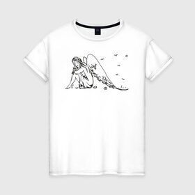 Женская футболка хлопок с принтом Задумчивый ангел , 100% хлопок | прямой крой, круглый вырез горловины, длина до линии бедер, слегка спущенное плечо | angel | ангел | девушкам | для девушек