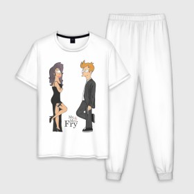Мужская пижама хлопок с принтом Mr. & Mrs. Fry , 100% хлопок | брюки и футболка прямого кроя, без карманов, на брюках мягкая резинка на поясе и по низу штанин
 | bender | futurama | бендер | футурама