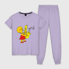 Женская пижама хлопок с принтом Лиза и саксофон , 100% хлопок | брюки и футболка прямого кроя, без карманов, на брюках мягкая резинка на поясе и по низу штанин | гомер