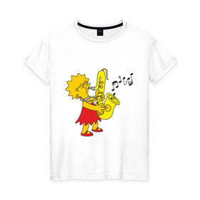 Женская футболка хлопок с принтом Лиза и саксофон , 100% хлопок | прямой крой, круглый вырез горловины, длина до линии бедер, слегка спущенное плечо | гомер