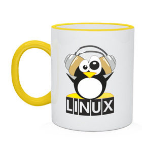 Кружка двухцветная с принтом Linux , керамика | объем — 330 мл, диаметр — 80 мм. Цветная ручка и кайма сверху, в некоторых цветах — вся внутренняя часть | пингвин