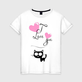 Женская футболка хлопок с принтом Любовь и кошка , 100% хлопок | прямой крой, круглый вырез горловины, длина до линии бедер, слегка спущенное плечо | 