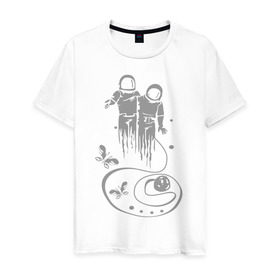 Мужская футболка хлопок с принтом Бабочки в космосе , 100% хлопок | прямой крой, круглый вырез горловины, длина до линии бедер, слегка спущенное плечо. | астранавты | бабочки в космосе | вакуум | космонавты | космос | открытый космос | скафандр