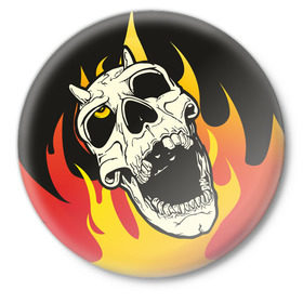 Значок с принтом Череп в пламени ,  металл | круглая форма, металлическая застежка в виде булавки | skull | демон | огонь