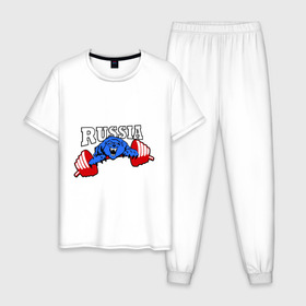 Мужская пижама хлопок с принтом RUSSIA PR , 100% хлопок | брюки и футболка прямого кроя, без карманов, на брюках мягкая резинка на поясе и по низу штанин
 | powerlifting