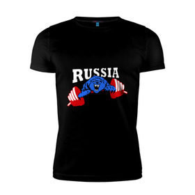 Мужская футболка премиум с принтом RUSSIA PR , 92% хлопок, 8% лайкра | приталенный силуэт, круглый вырез ворота, длина до линии бедра, короткий рукав | powerlifting