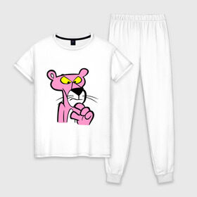 Женская пижама хлопок с принтом Розовая пантера (3) , 100% хлопок | брюки и футболка прямого кроя, без карманов, на брюках мягкая резинка на поясе и по низу штанин | Тематика изображения на принте: pink panther | розовая пантера