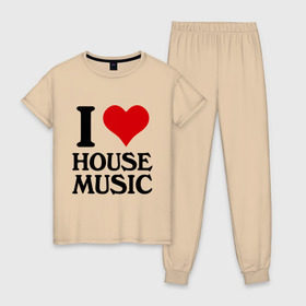 Женская пижама хлопок с принтом I love house music (4) , 100% хлопок | брюки и футболка прямого кроя, без карманов, на брюках мягкая резинка на поясе и по низу штанин | house music | i love | сердце | хаус | я люблю