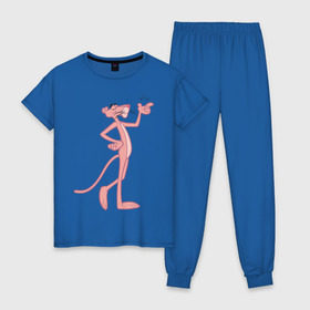 Женская пижама хлопок с принтом PinkPanther , 100% хлопок | брюки и футболка прямого кроя, без карманов, на брюках мягкая резинка на поясе и по низу штанин | Тематика изображения на принте: pink panther | розовая пантера