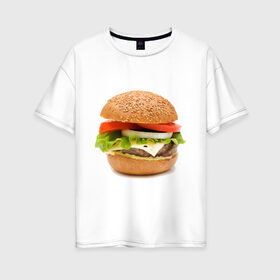 Женская футболка хлопок Oversize с принтом Гамбургер , 100% хлопок | свободный крой, круглый ворот, спущенный рукав, длина до линии бедер
 | Тематика изображения на принте: burger | fastfood | gamburger | бургер | гамбургер | еда | пища | фаст фуд | фастфуд