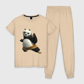 Женская пижама хлопок с принтом Кунг фу Панда (2) , 100% хлопок | брюки и футболка прямого кроя, без карманов, на брюках мягкая резинка на поясе и по низу штанин | панда