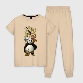 Женская пижама хлопок с принтом Кунг фу Панда (10) , 100% хлопок | брюки и футболка прямого кроя, без карманов, на брюках мягкая резинка на поясе и по низу штанин | kung fu panda | panda | кунг фу | кунг фу панда