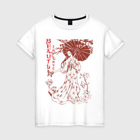 Женская футболка хлопок с принтом Beauty In Love , 100% хлопок | прямой крой, круглый вырез горловины, длина до линии бедер, слегка спущенное плечо | девушка | зонтик | красивая | красота | любовь | сакура | японка | японская