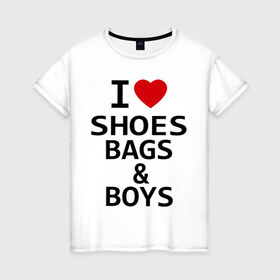 Женская футболка хлопок с принтом Я люблю мальчиков , 100% хлопок | прямой крой, круглый вырез горловины, длина до линии бедер, слегка спущенное плечо | i love | любовь | мальчики | обувь | отношения | парни | покупки | сумки | туфли | шмотки | шоппинг